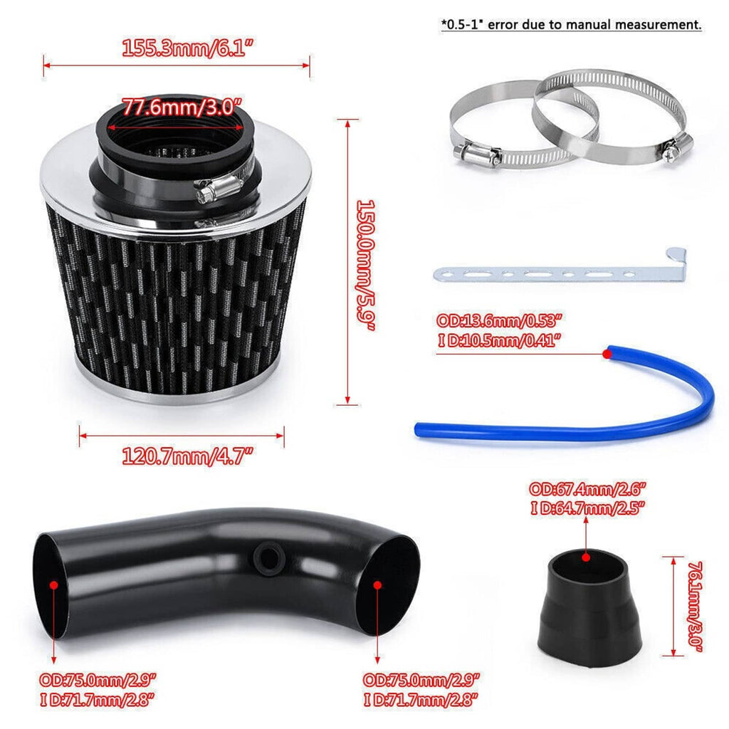 Cold air intake kit with black cone filter and blue intake tube with black elbows
