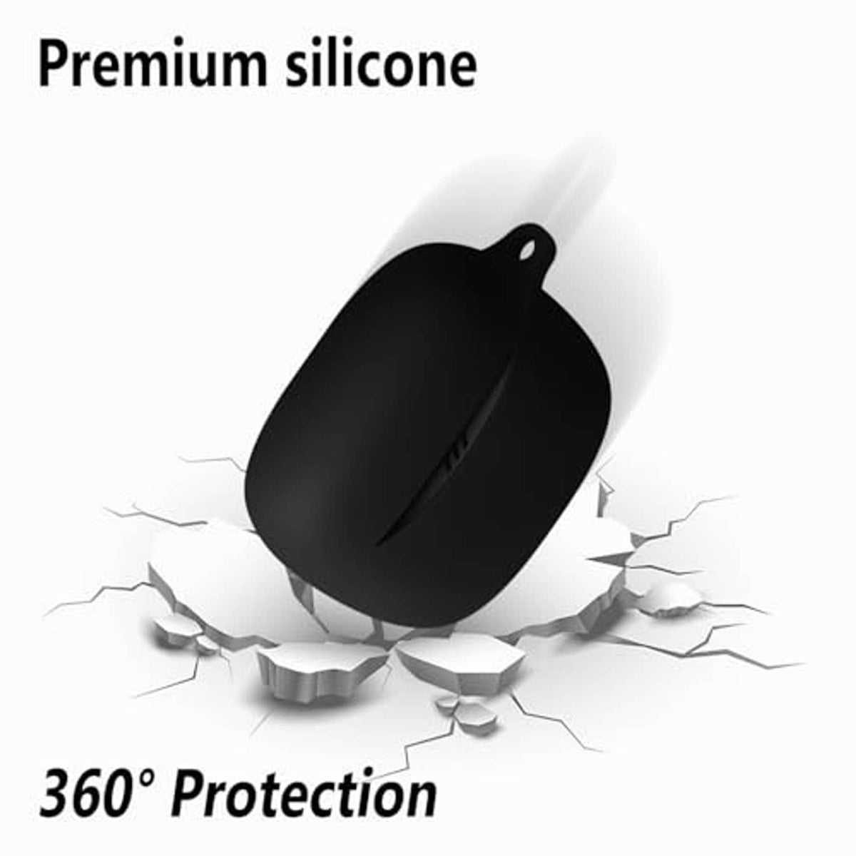 Black silicone earbuds case with carabiner-style loop, rugged protective shell.