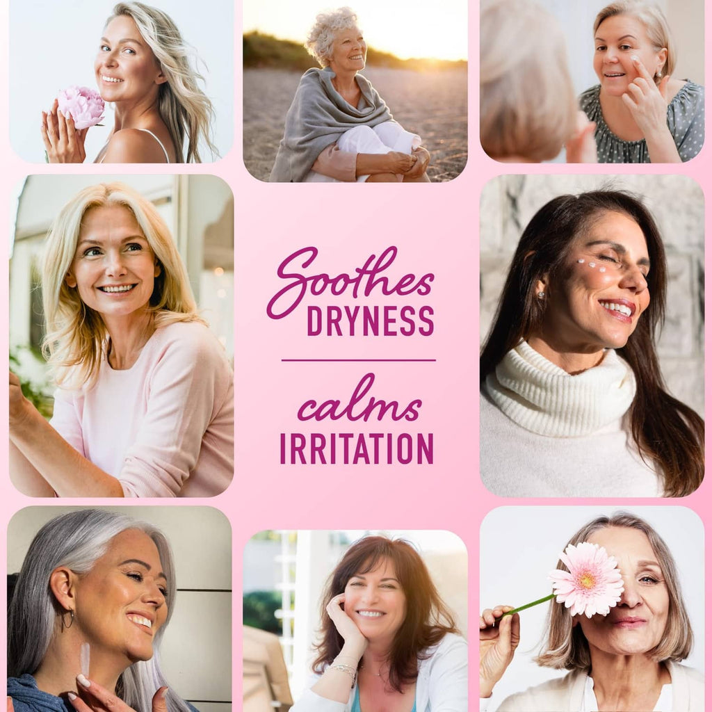Skincare use collage showing women with comfort messaging for dryness relief