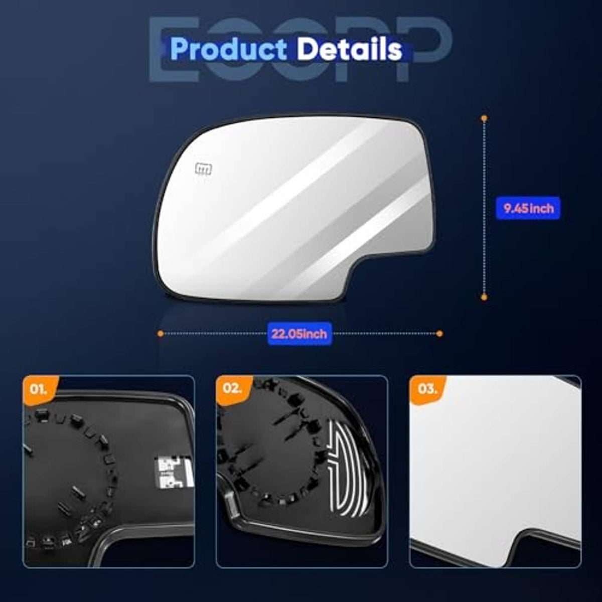 Exterior driver-side mirror replacement with black trim and glossy reflective surface
