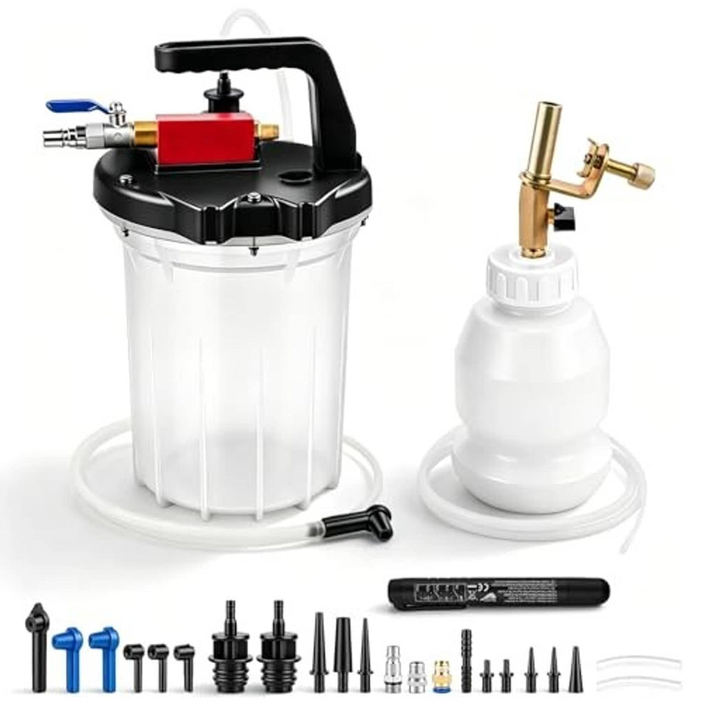 Vacuum brake bleeder pump with white tank plus 1L refilling bottle and brass adapter