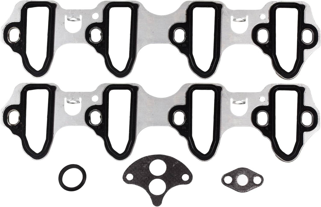 Fel-Pro intake manifold gasket set, two rows of black rubber gaskets with gray steel backing