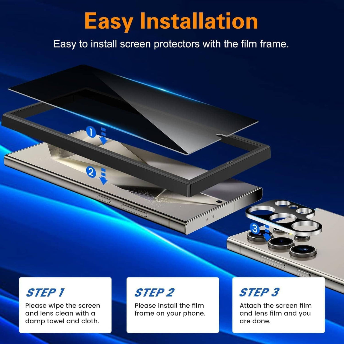 Tempered glass screen protector kit with alignment frame and camera lens film pieces
