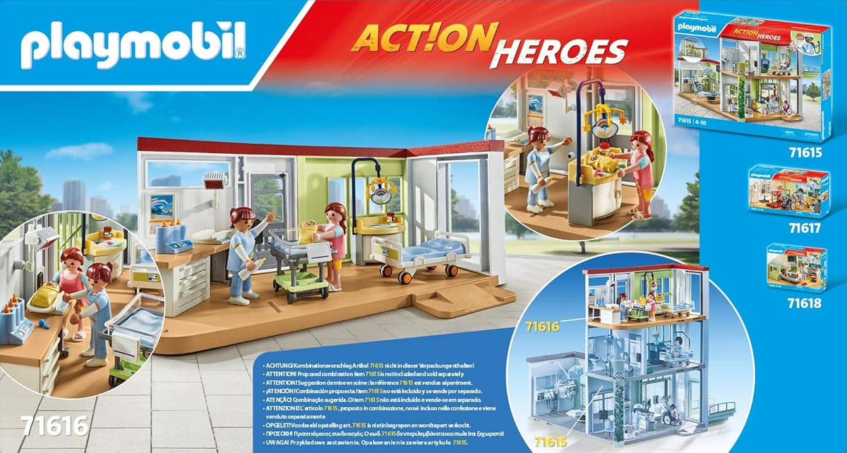 Playmobil Action Heroes maternity ward playset packaging showing hospital interior