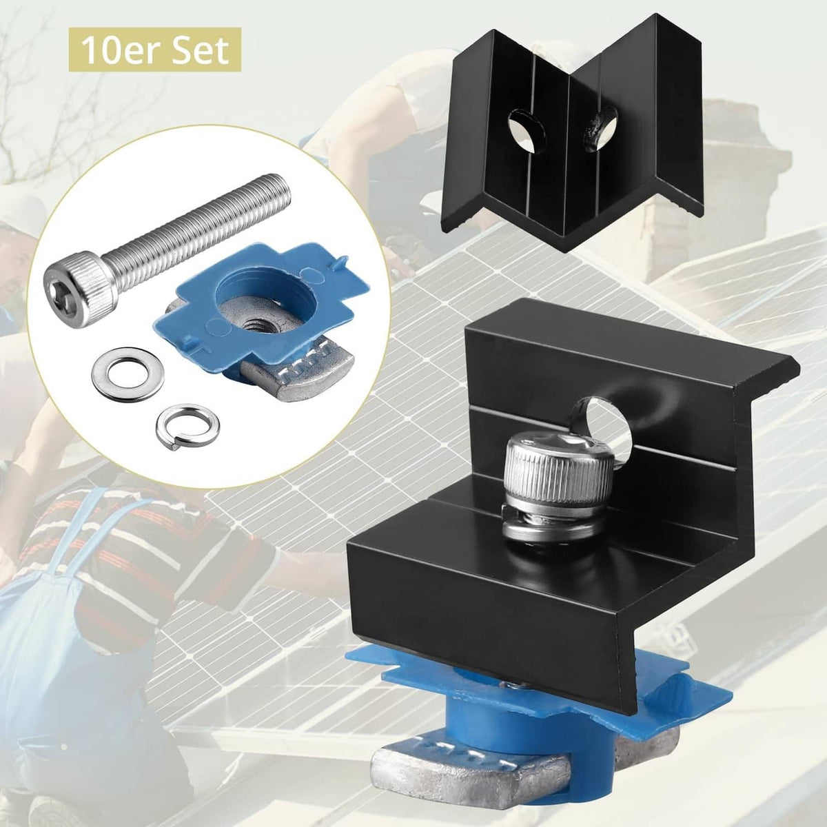 Black solar panel end clamp kit with M8 bolt, washers, and blue squeeze nut