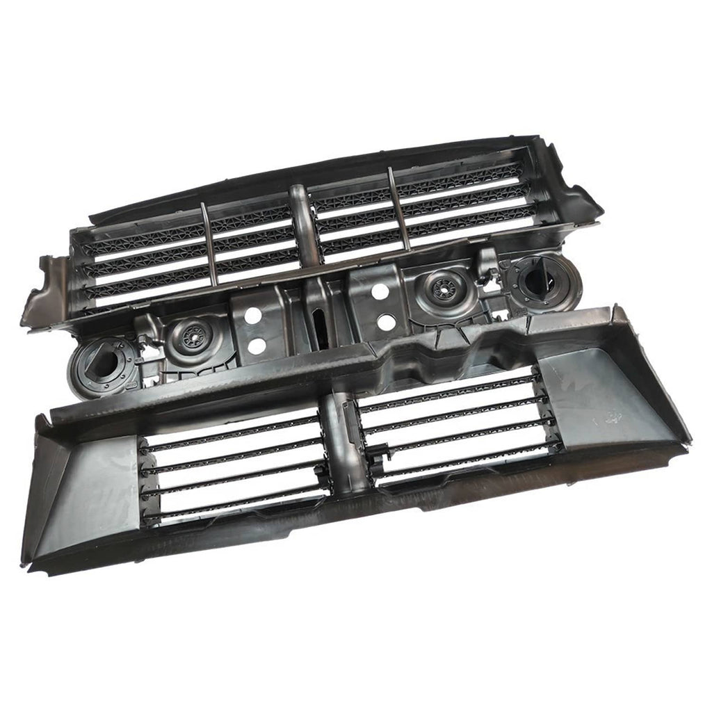 Grille shutter assembly with motor, angled view of black slats and mounting hardware