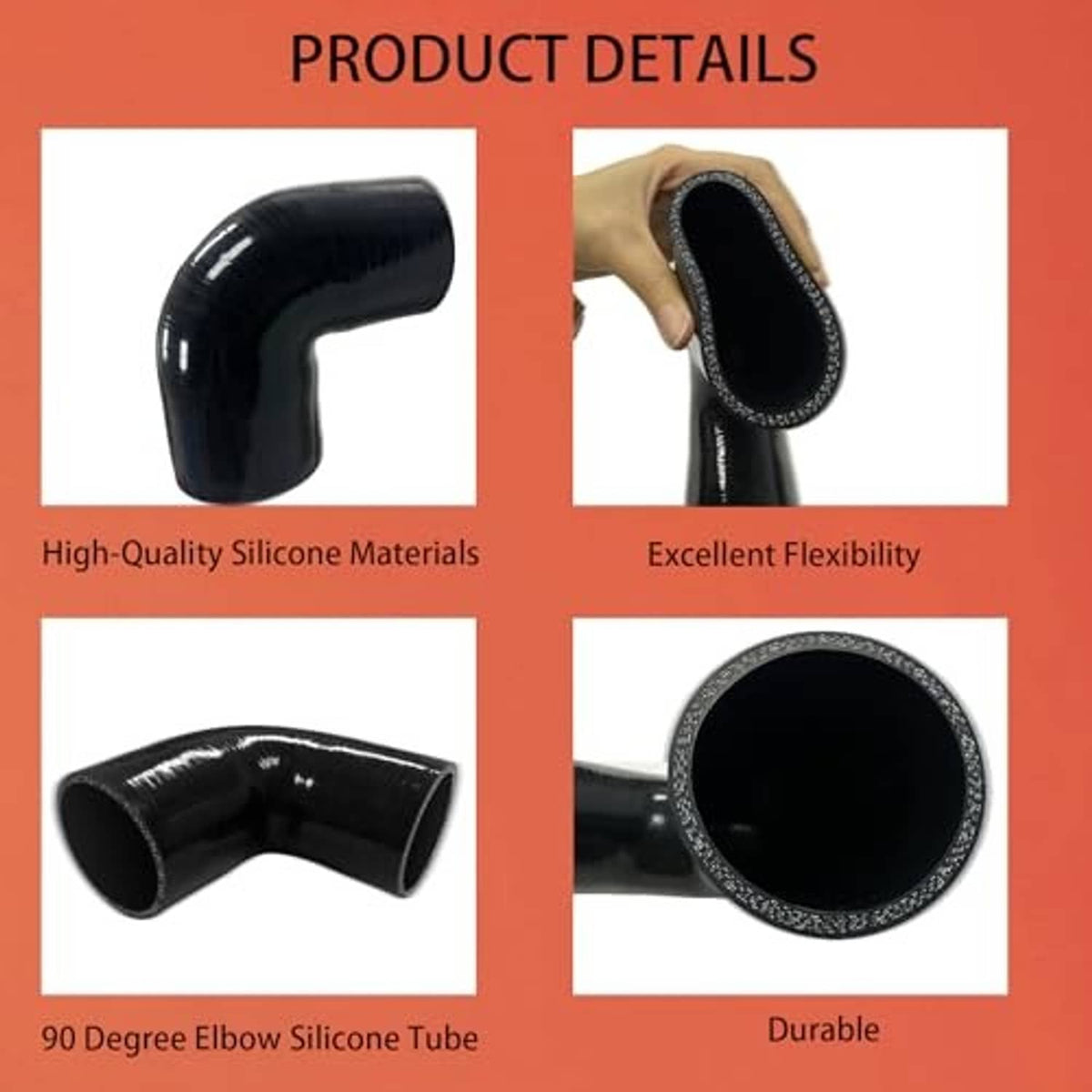 Black 90° silicone elbow tube, flexible hose with textured outer edge