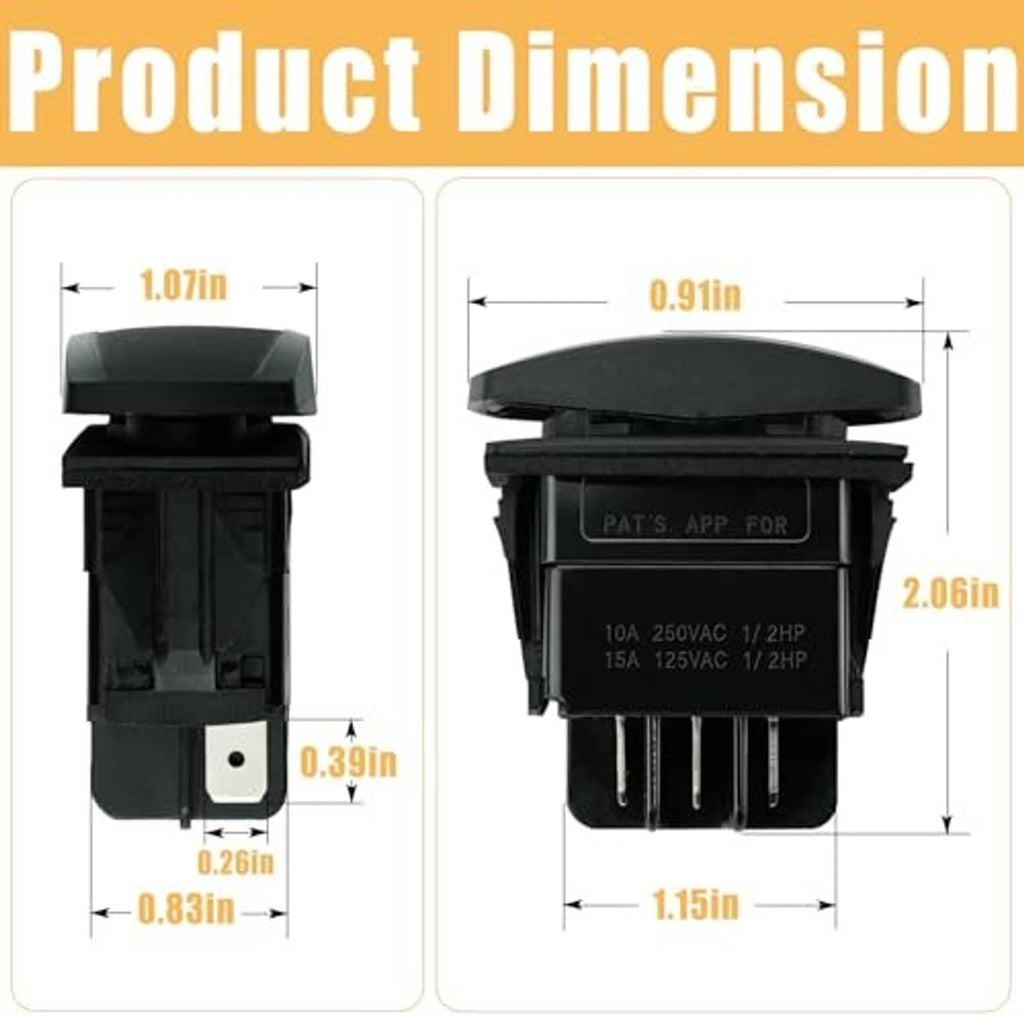 Black forward/reverse switch module with labeled dimensions and front terminal block