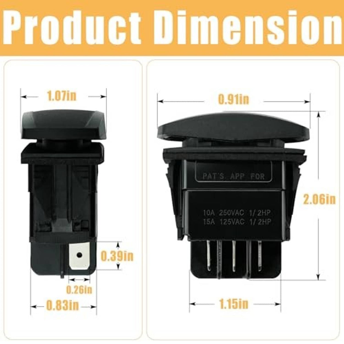 Black forward/reverse switch module with labeled dimensions and front terminal block