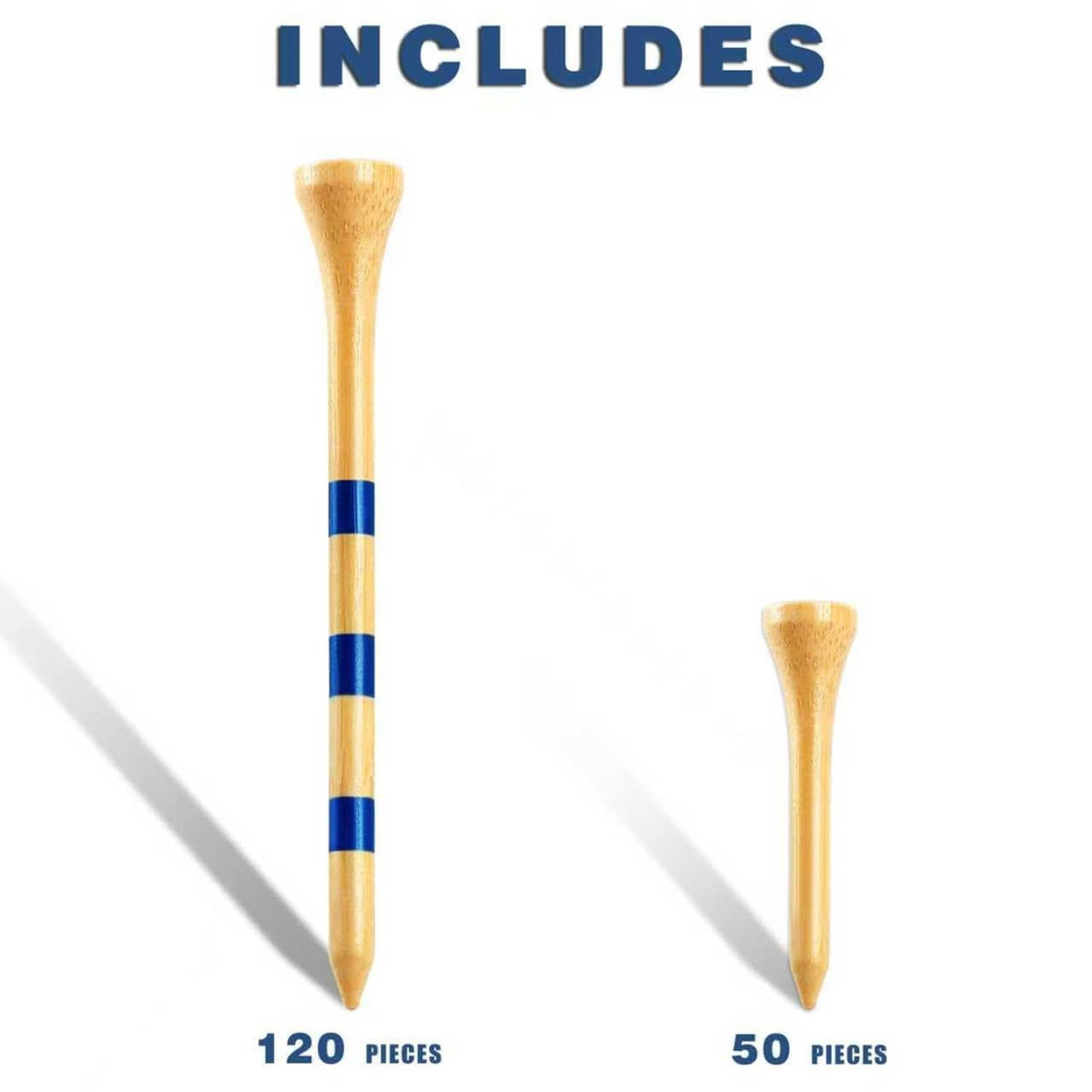 Natural bamboo golf tees with blue stripe bands, two tee sizes shown