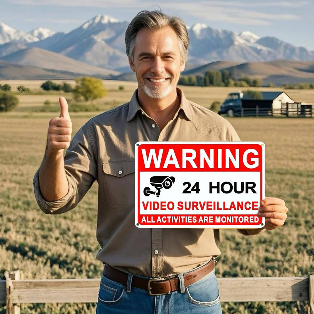 Person holding a red warning 24 hour video surveillance aluminum sign