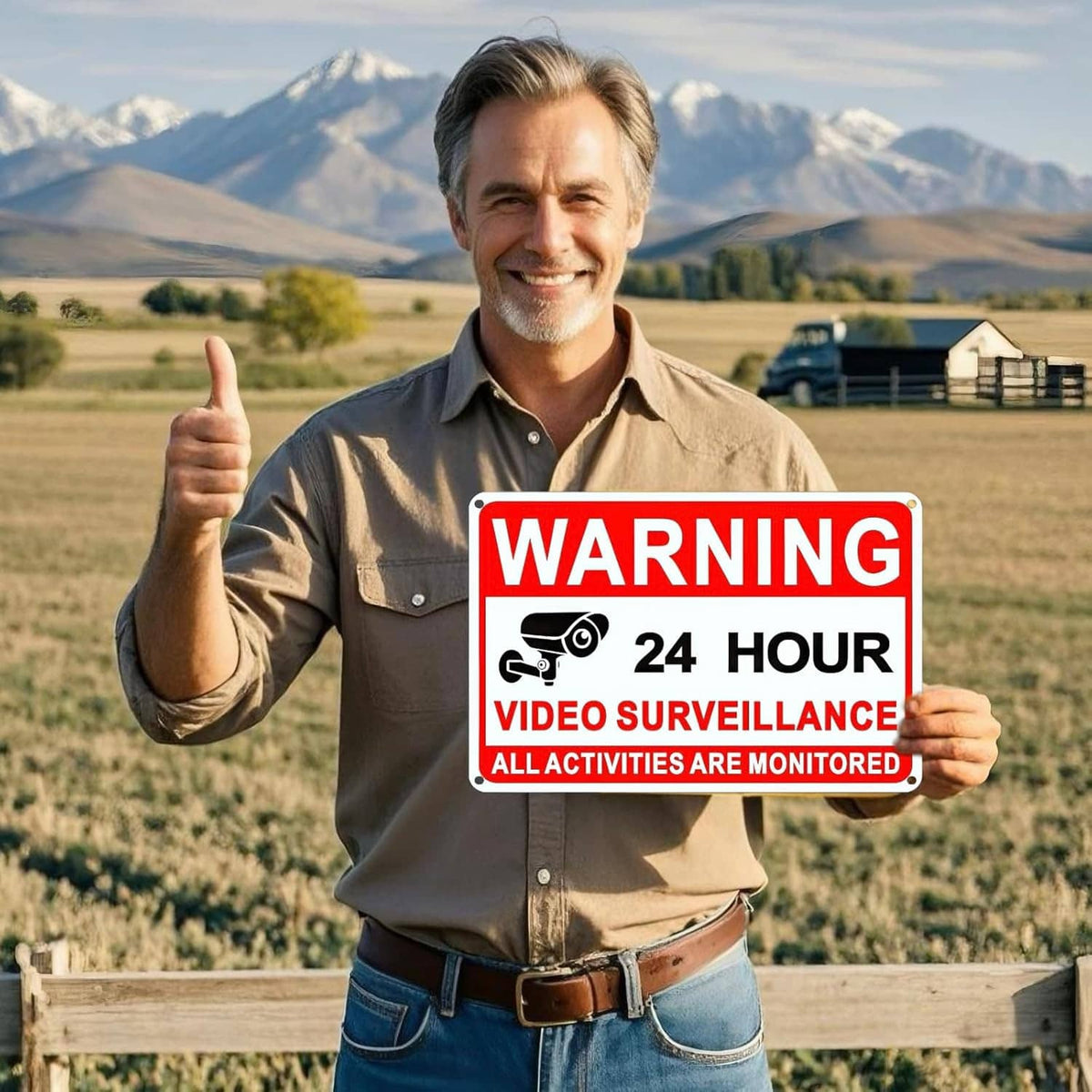 Person holding a red warning 24 hour video surveillance aluminum sign