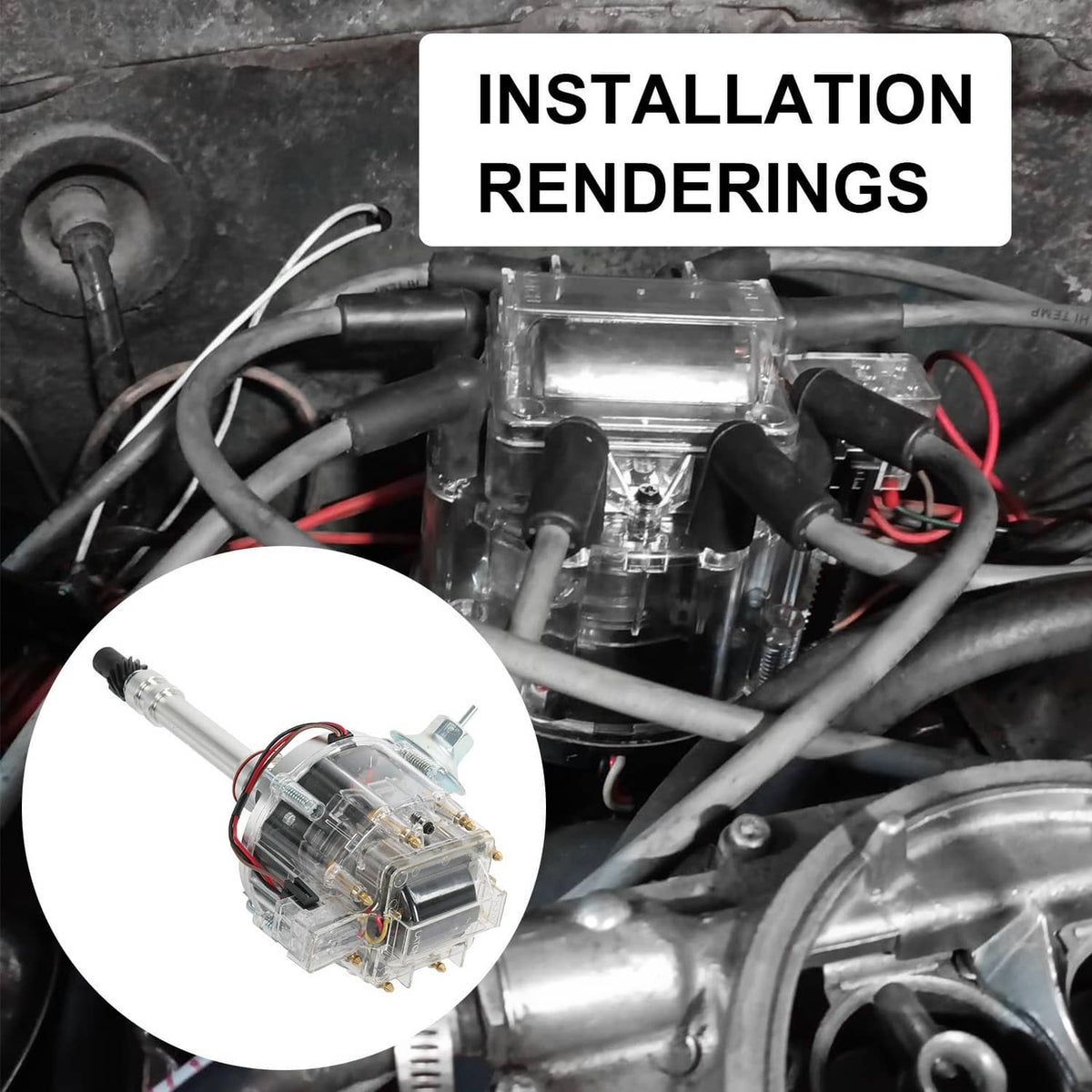 HEI distributor installed view with clear housing and connected wiring harness