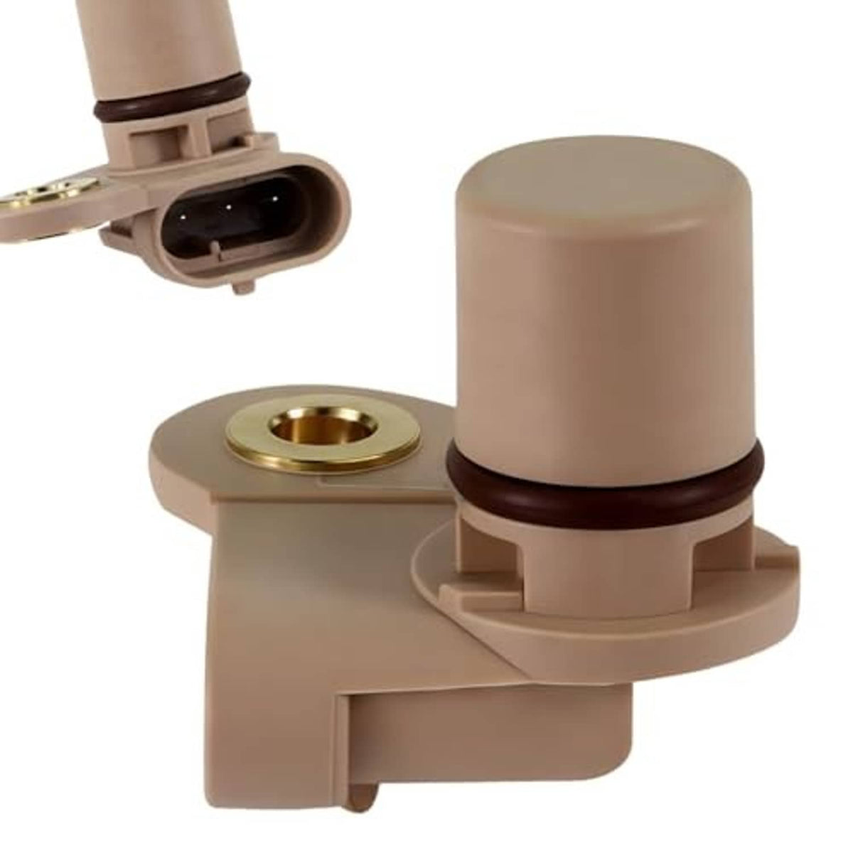 Camshaft position sensor showing beige body, gold pin, and plug connector