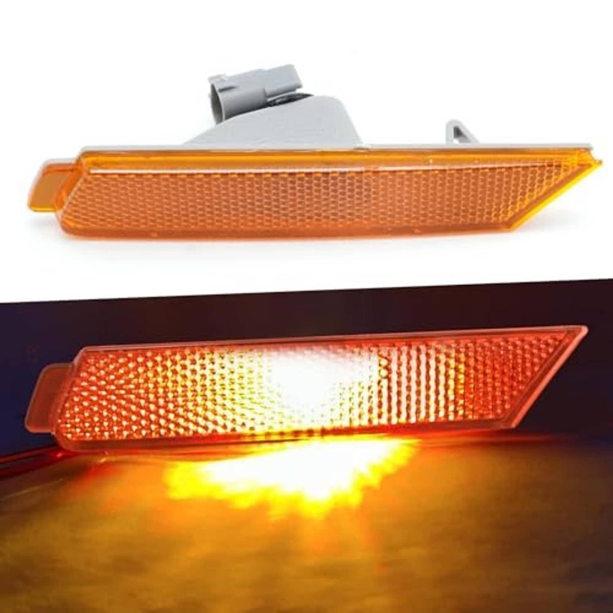 Amber side marker light assembly shown illuminated, with gray connector tabs