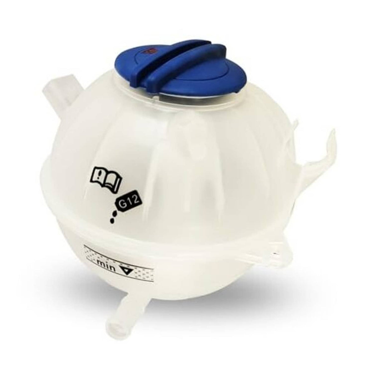 White coolant reservoir tank with blue cap and vented outlet