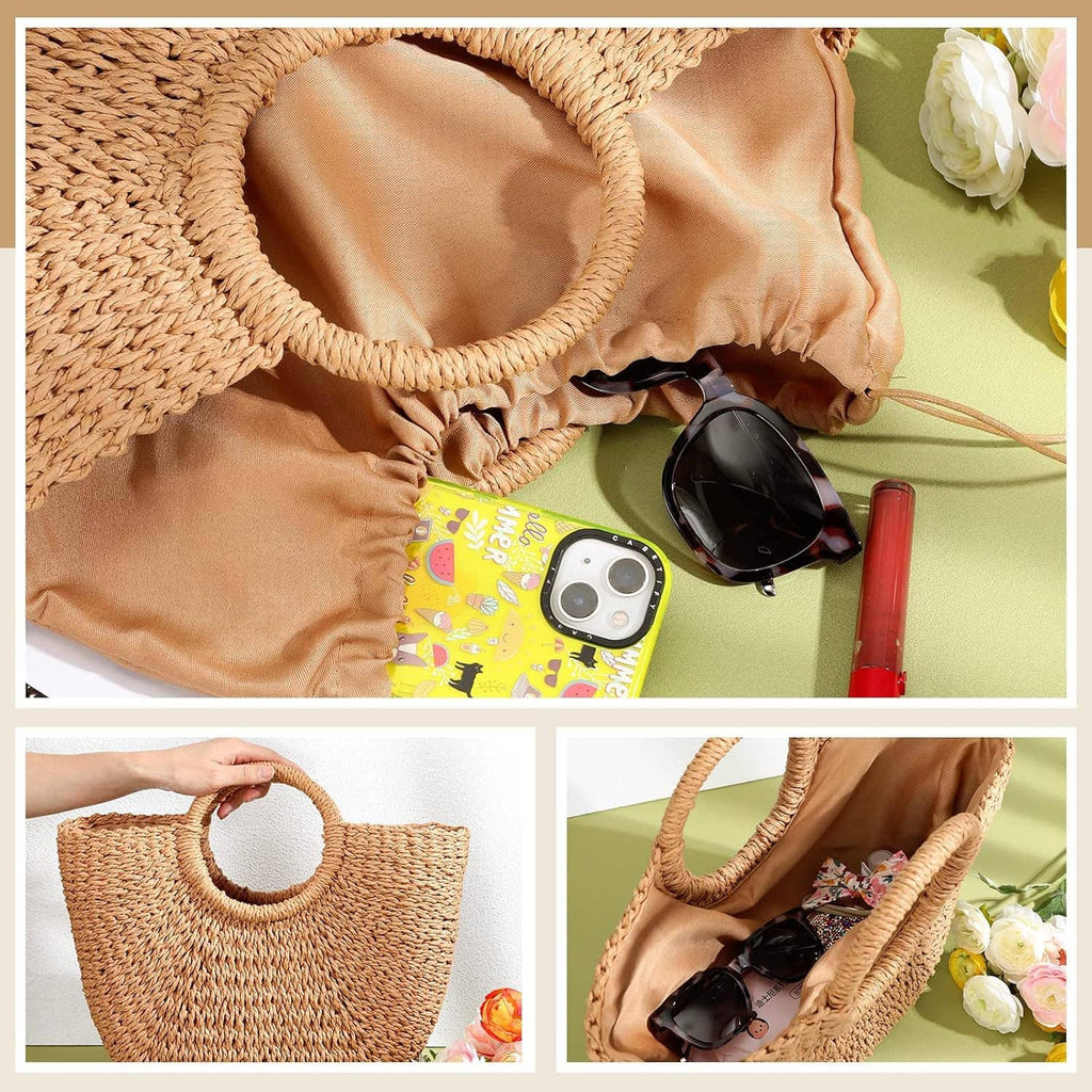 Woven straw tote bag with round handle, open top