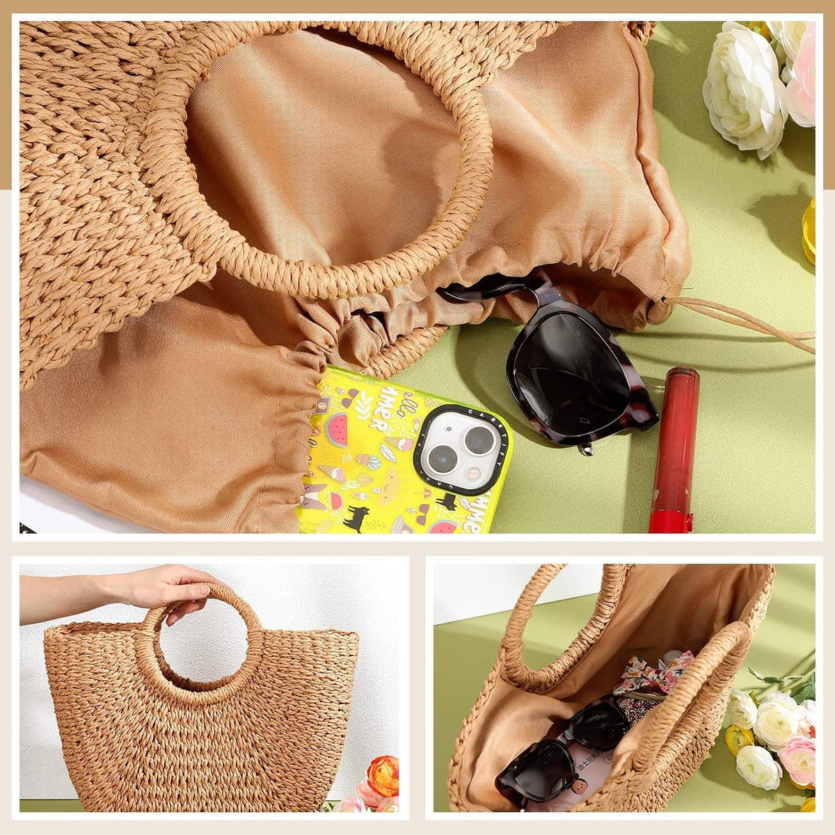Woven straw tote bag with round handle, open top