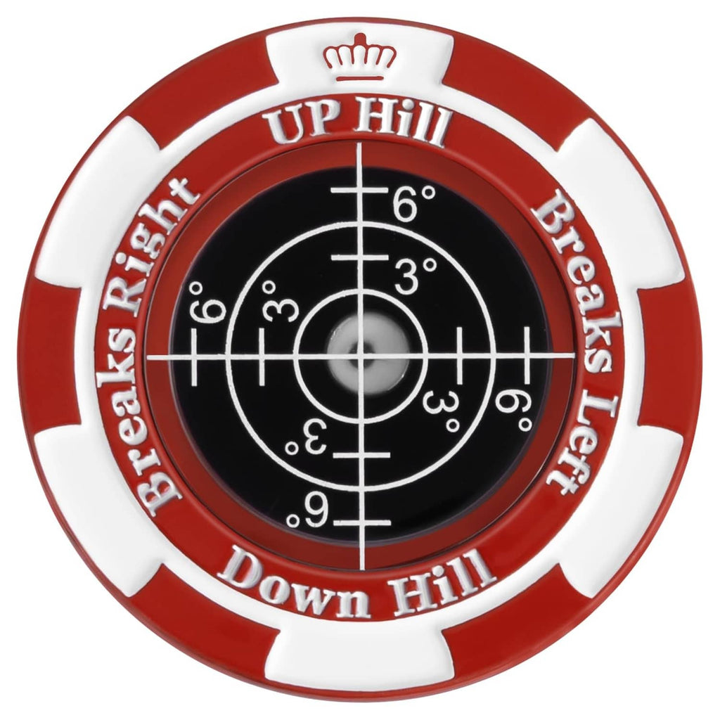 Circular golf slope reader, red and black with black degree dial
