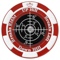 Circular golf slope reader, red and black with black degree dial