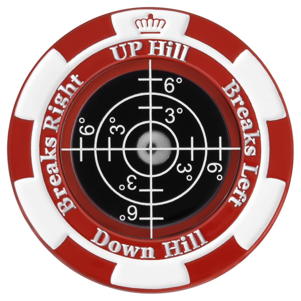 Circular golf slope reader, red and black with black degree dial