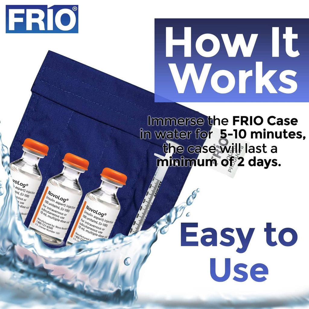 FRIO cooling wallet with blue case holding insulin vials in a cooling compartment