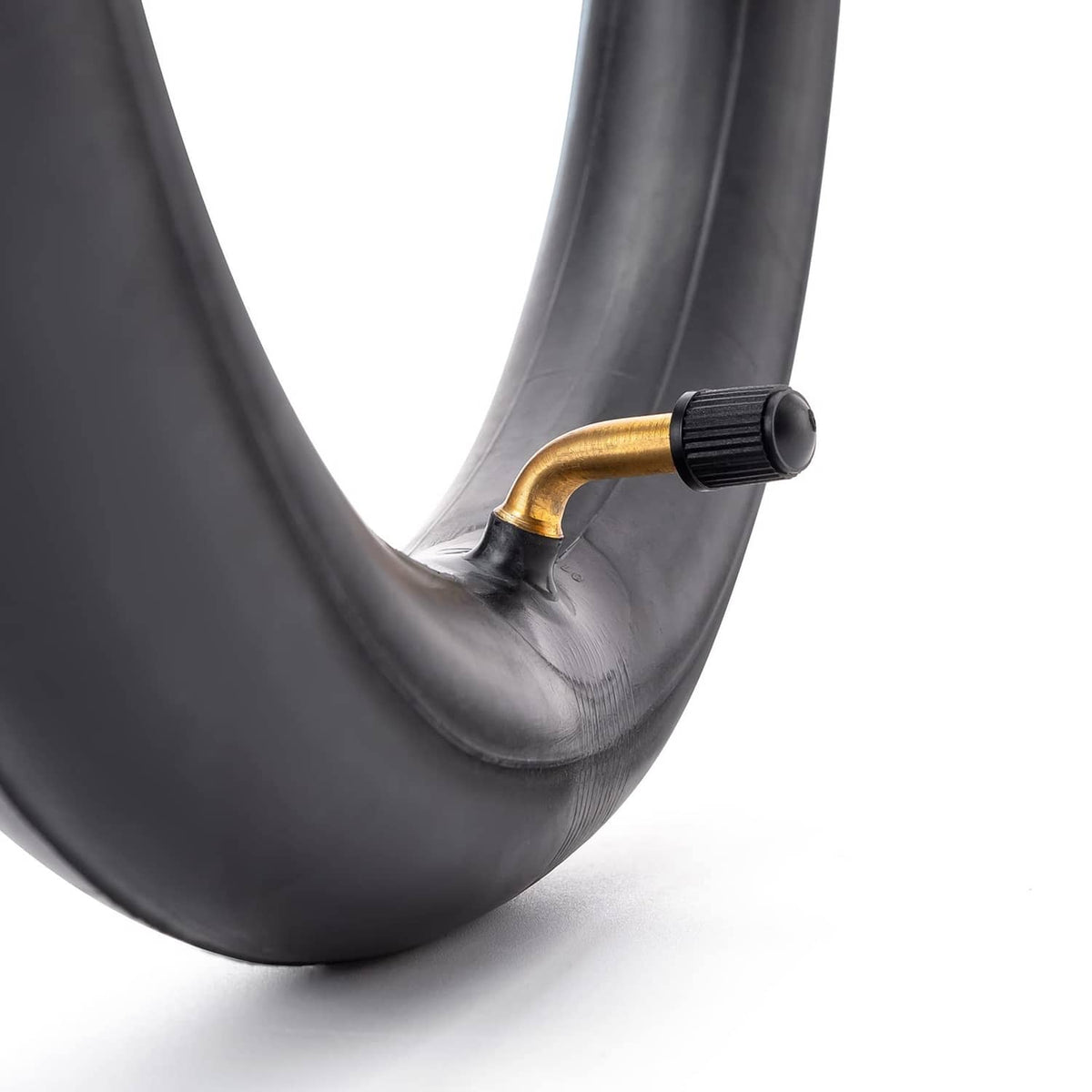 Black inner tube with gold angled valve stem and ribbed valve cap.