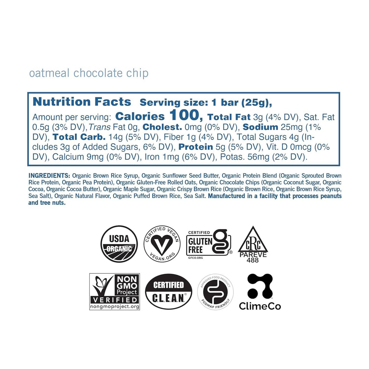 Macrobar mini oatmeal chocolate chip bar nutrition facts and ingredients panel