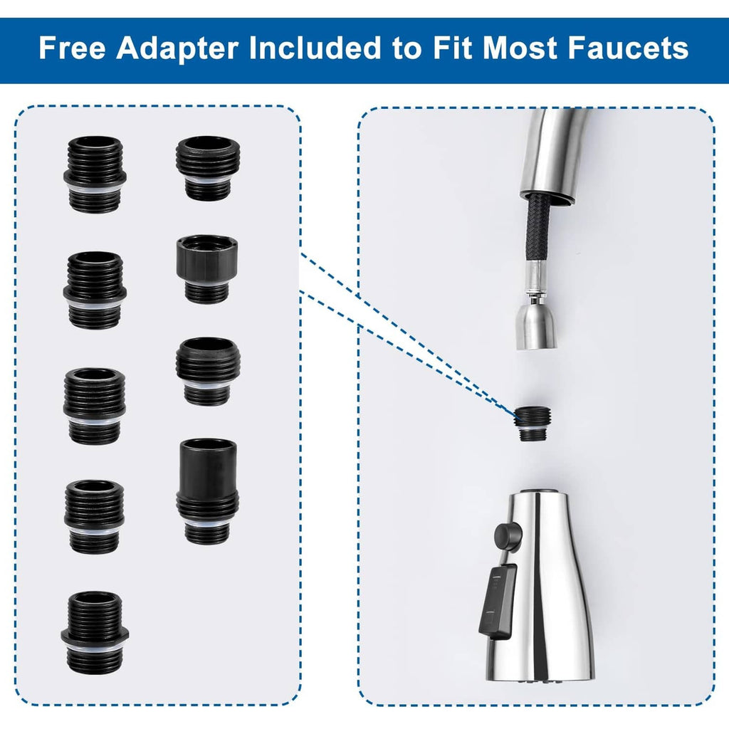 Faucet head replacement with multiple black threaded adapters for compatible installation