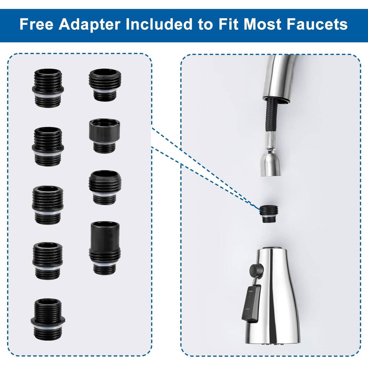 Faucet head replacement with multiple black threaded adapters for compatible installation
