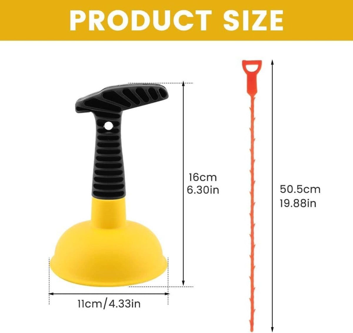 Mini sink plunger size view: yellow cup and black short ridged handle