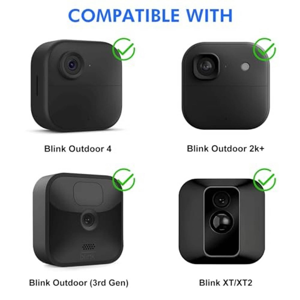 Black security camera models with green check marks for compatibility