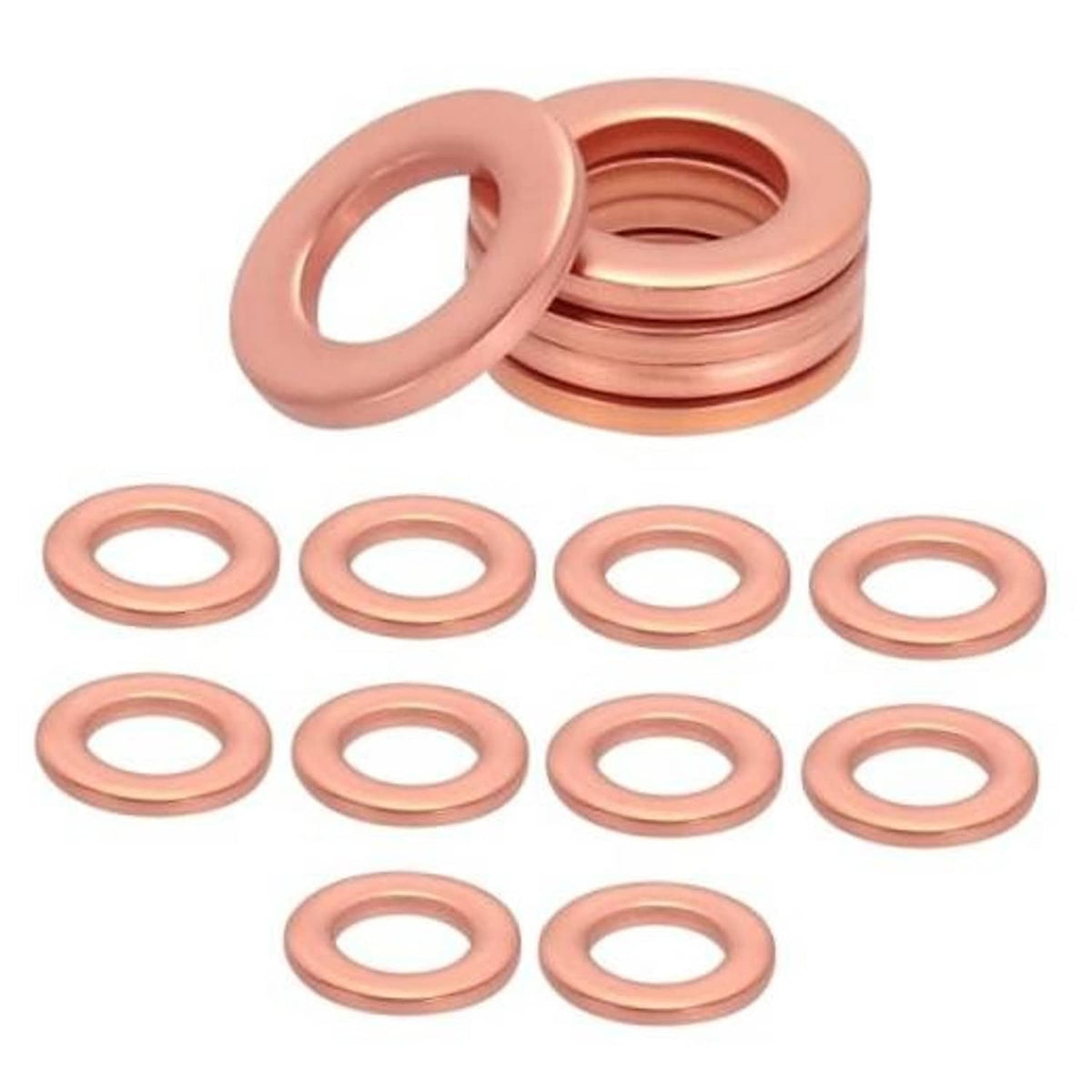 Copper oil drain plug gasket washers, flat round copper-colored washers (set of 12)