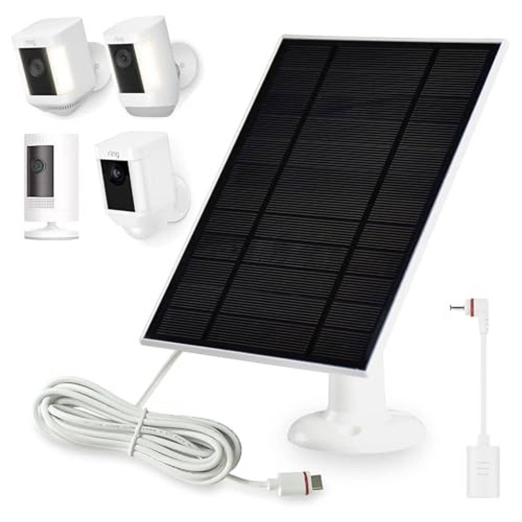 Solar panel charger on white pedestal with black solar panel and power cable