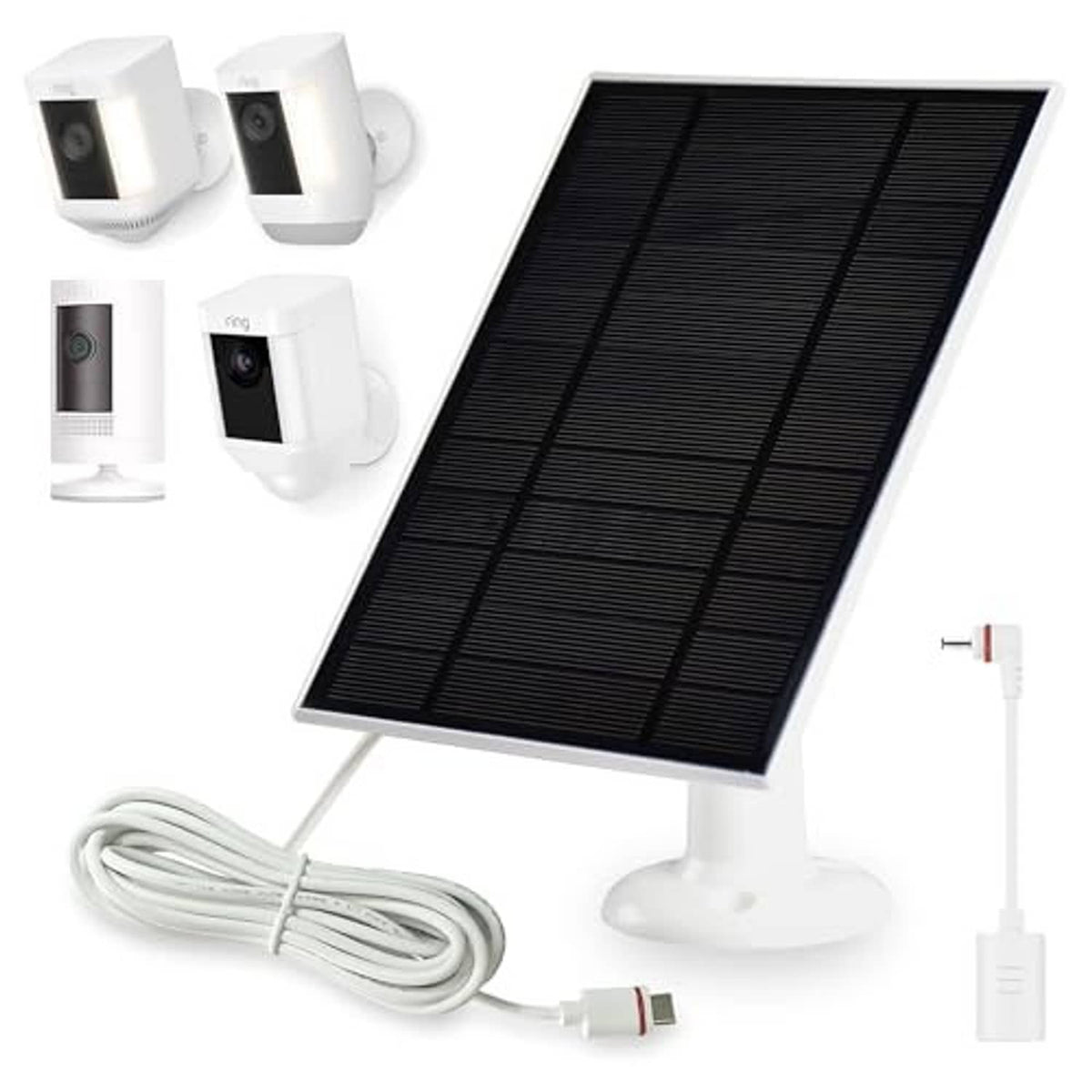 Solar panel charger on white pedestal with black solar panel and power cable