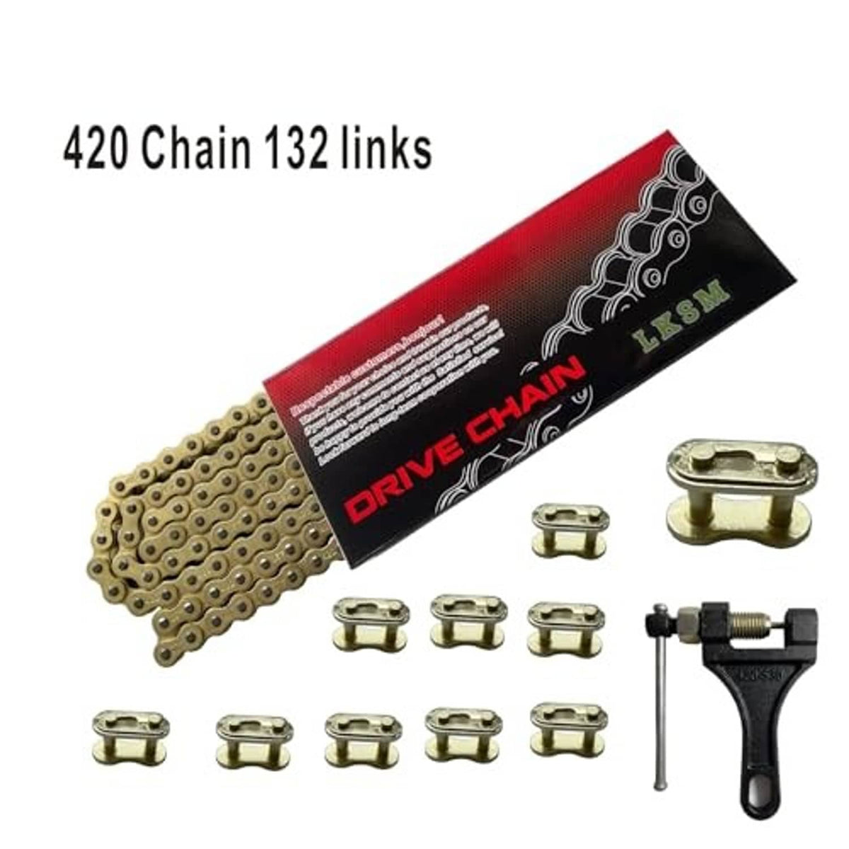Packaged gold roller chain labeled 420, with chain breaker and master links