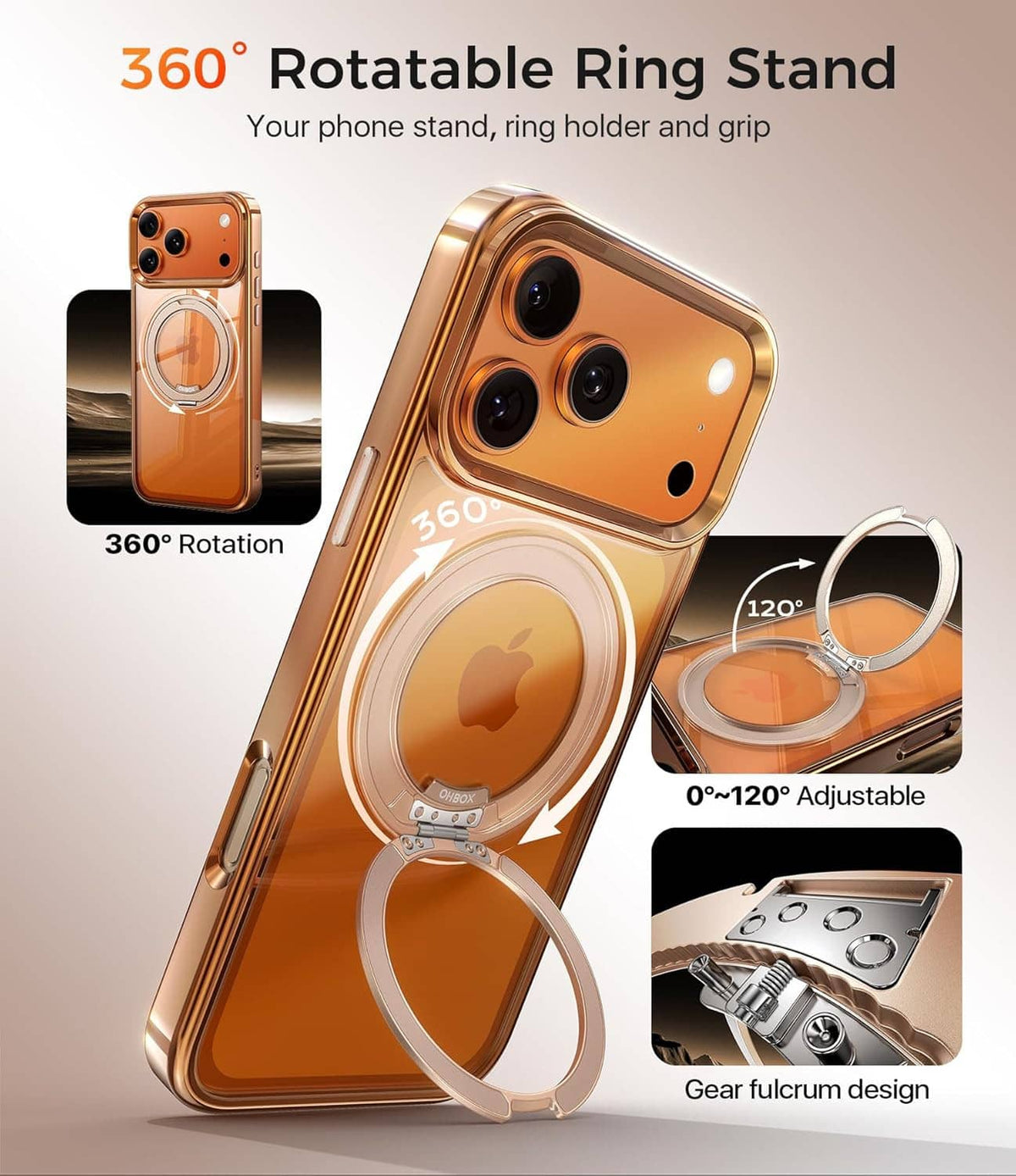 Orange iPhone 17 Pro Max case with 360° ring stand, adjustable grip, camera cutouts