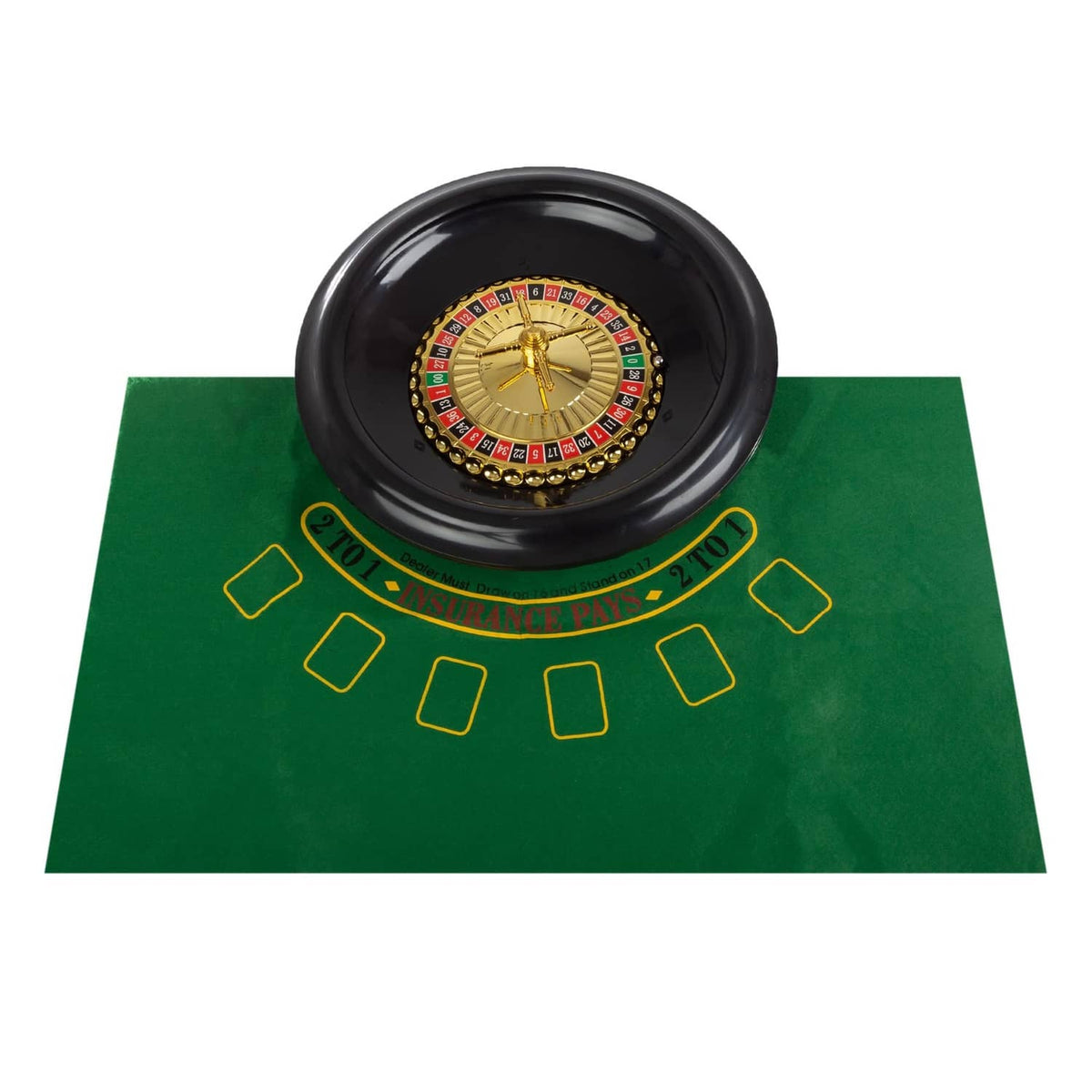 Roulette wheel centered on green felt mat with numbered track and gold spinning hub