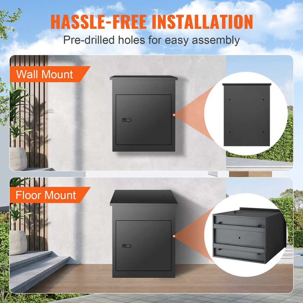 Outdoor parcel mailbox with coded lock keypad, shown for wall or floor mounting