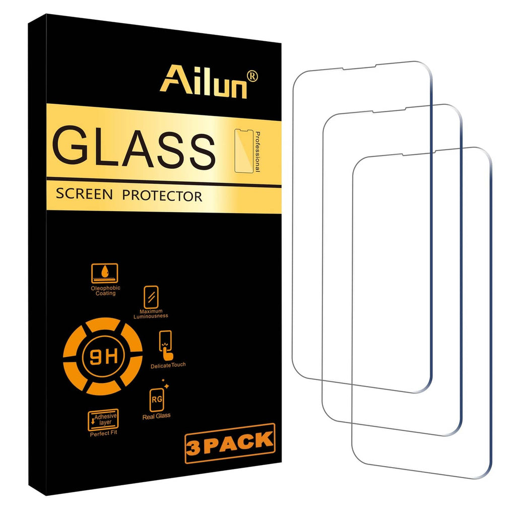 Ailun tempered glass screen protector 3-pack for iPhone 14/14 Pro, with 2 covers shown