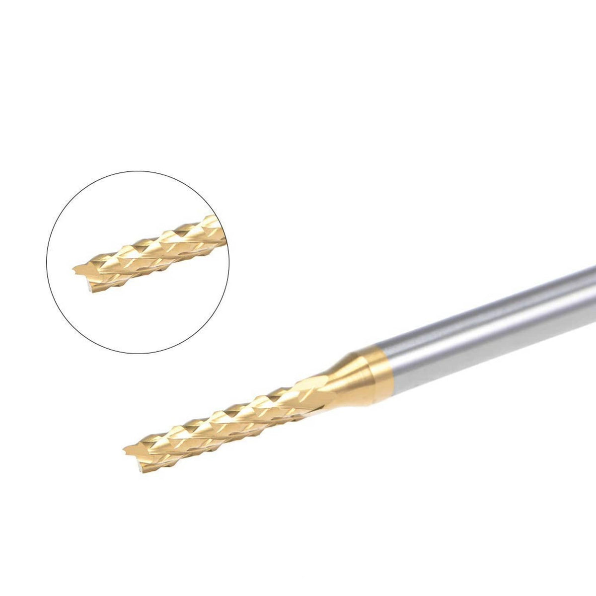 Titanium-coated carbide end mill with gold spiral cutting teeth on silver shank