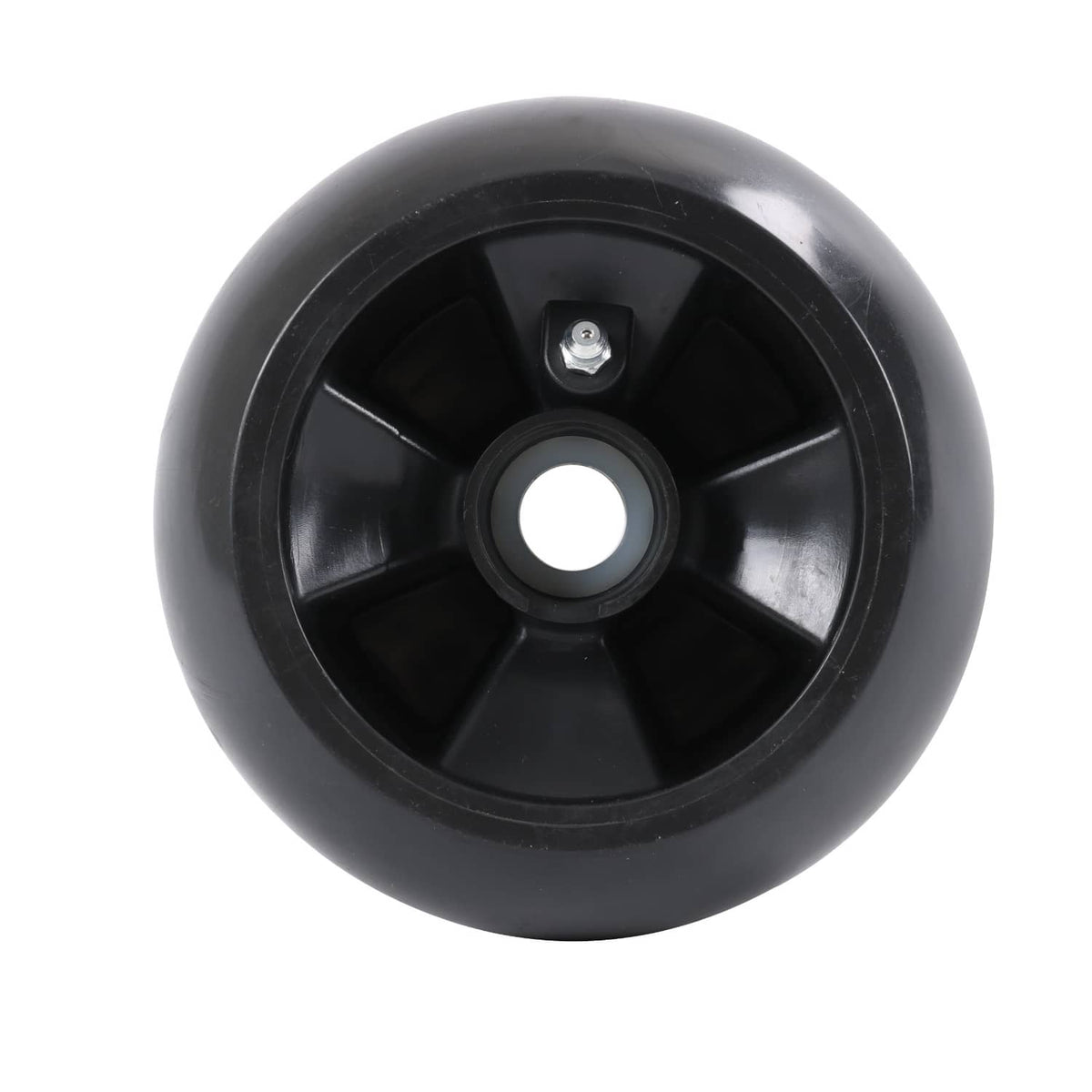 Black deck mower wheel with five-spoke rim and metal center nut