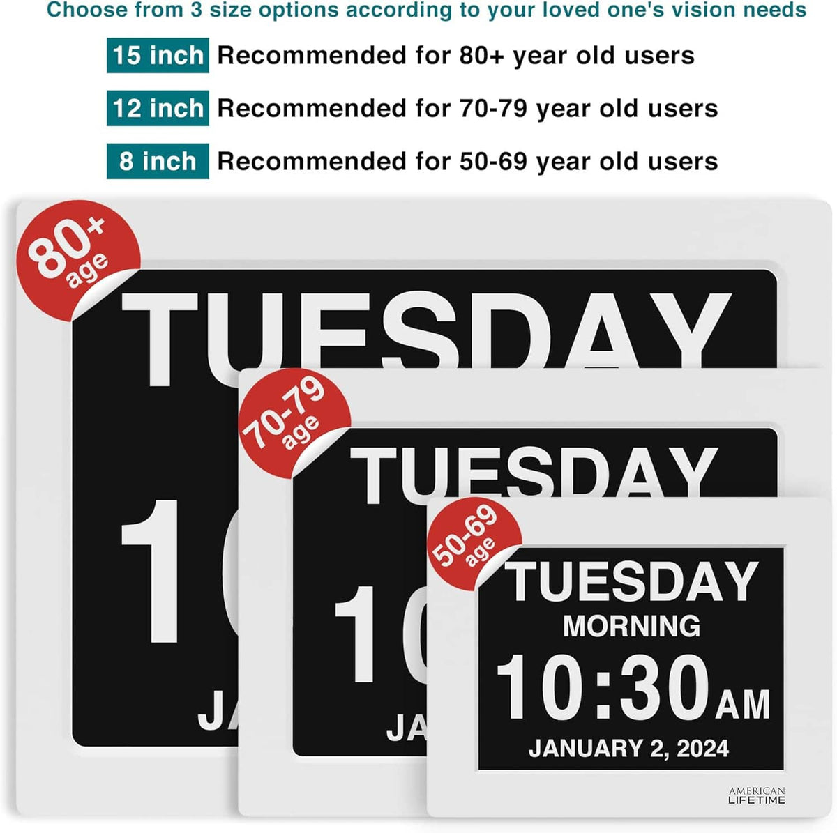 Digital dementia clock set with large displays in multiple sizes and finishes