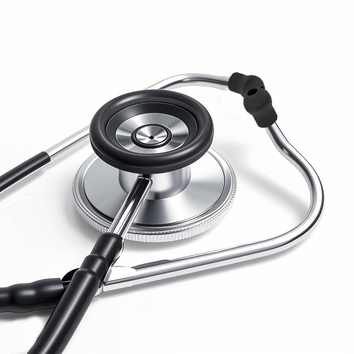 Close-up of black silicone stethoscope ear tips on ear ends