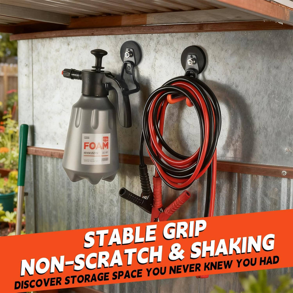 Black magnetic hooks holding a spray can and hoses on a metal wall