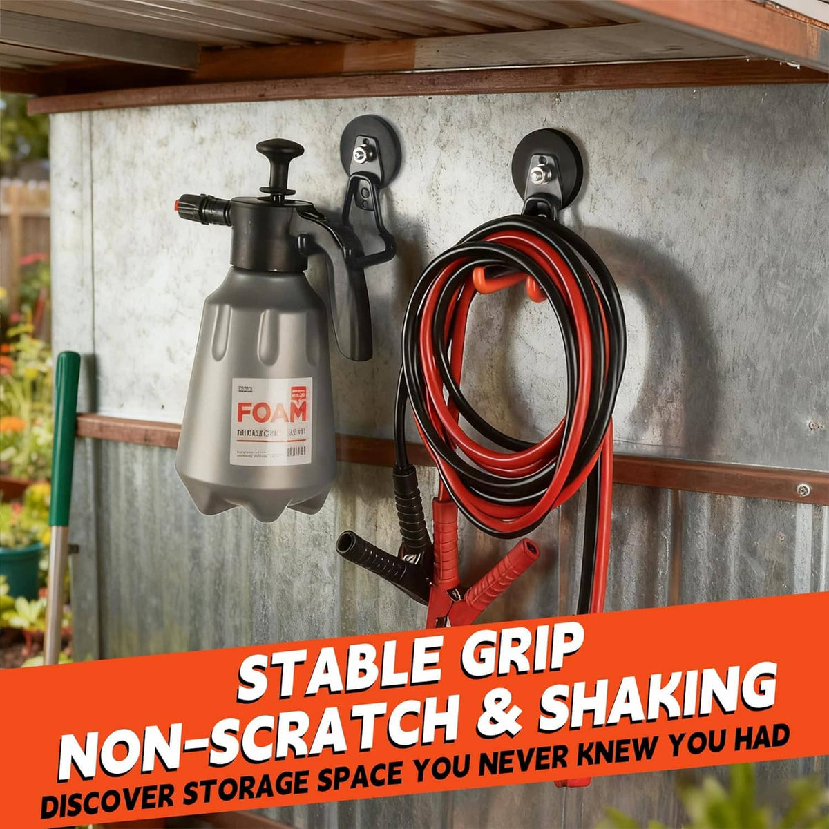 Black magnetic hooks holding a spray can and hoses on a metal wall