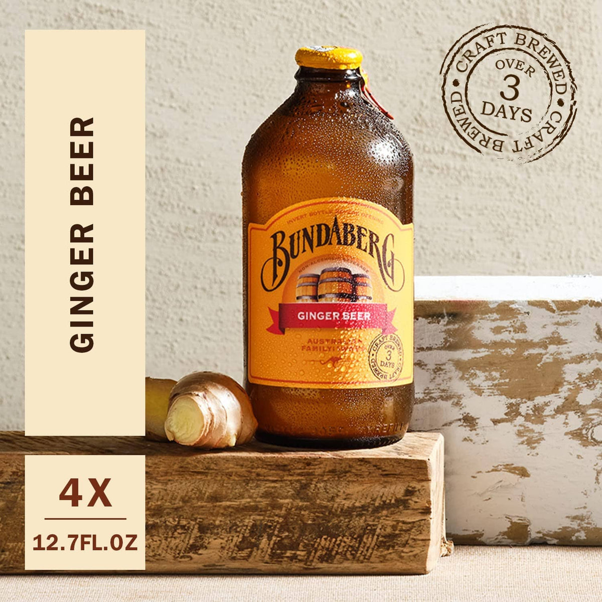 Bundaberg Ginger Beer bottle with ginger root and 3 days craft brewed seal