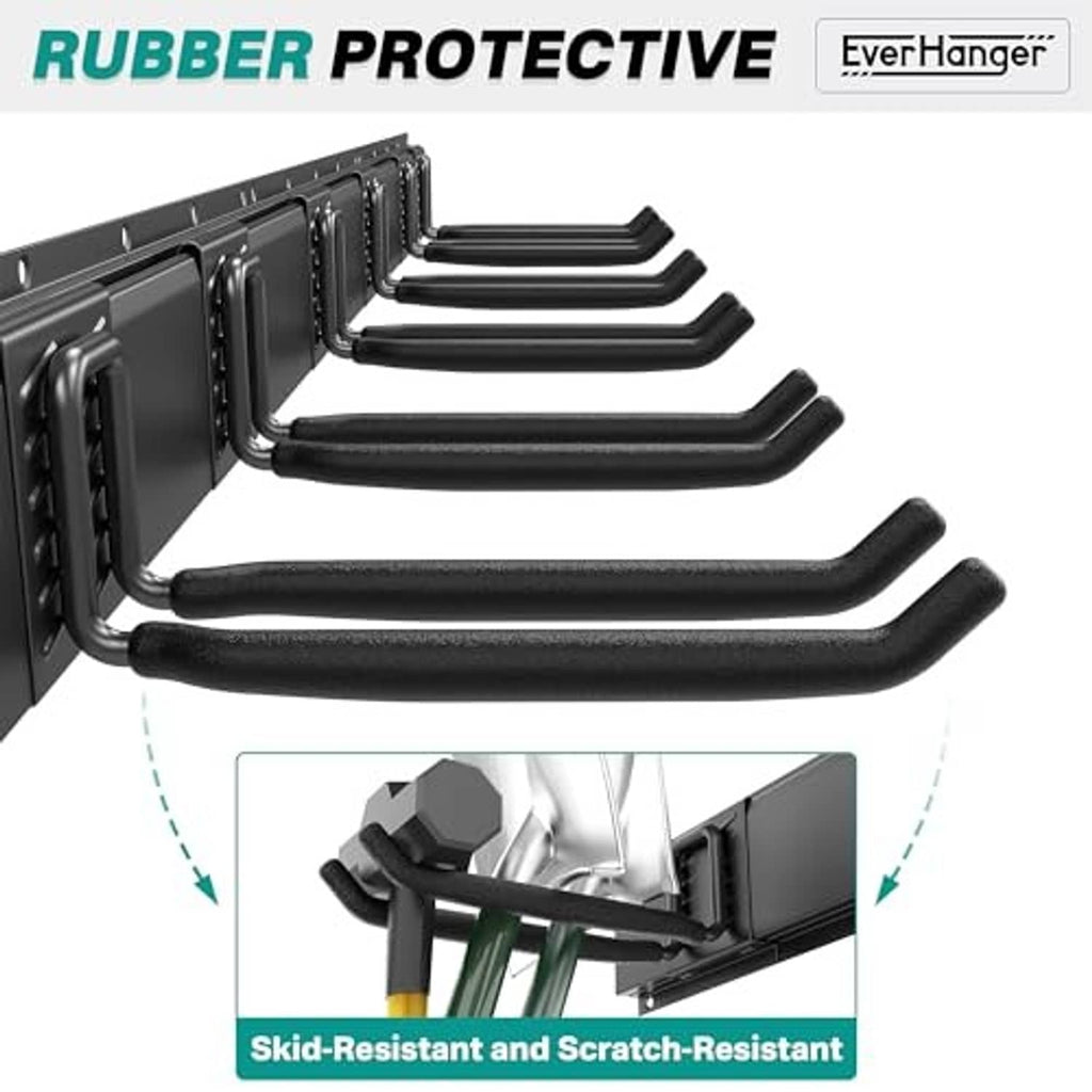 Black wall-mount tool rack with thick rubber-coated hooks for scratch protection