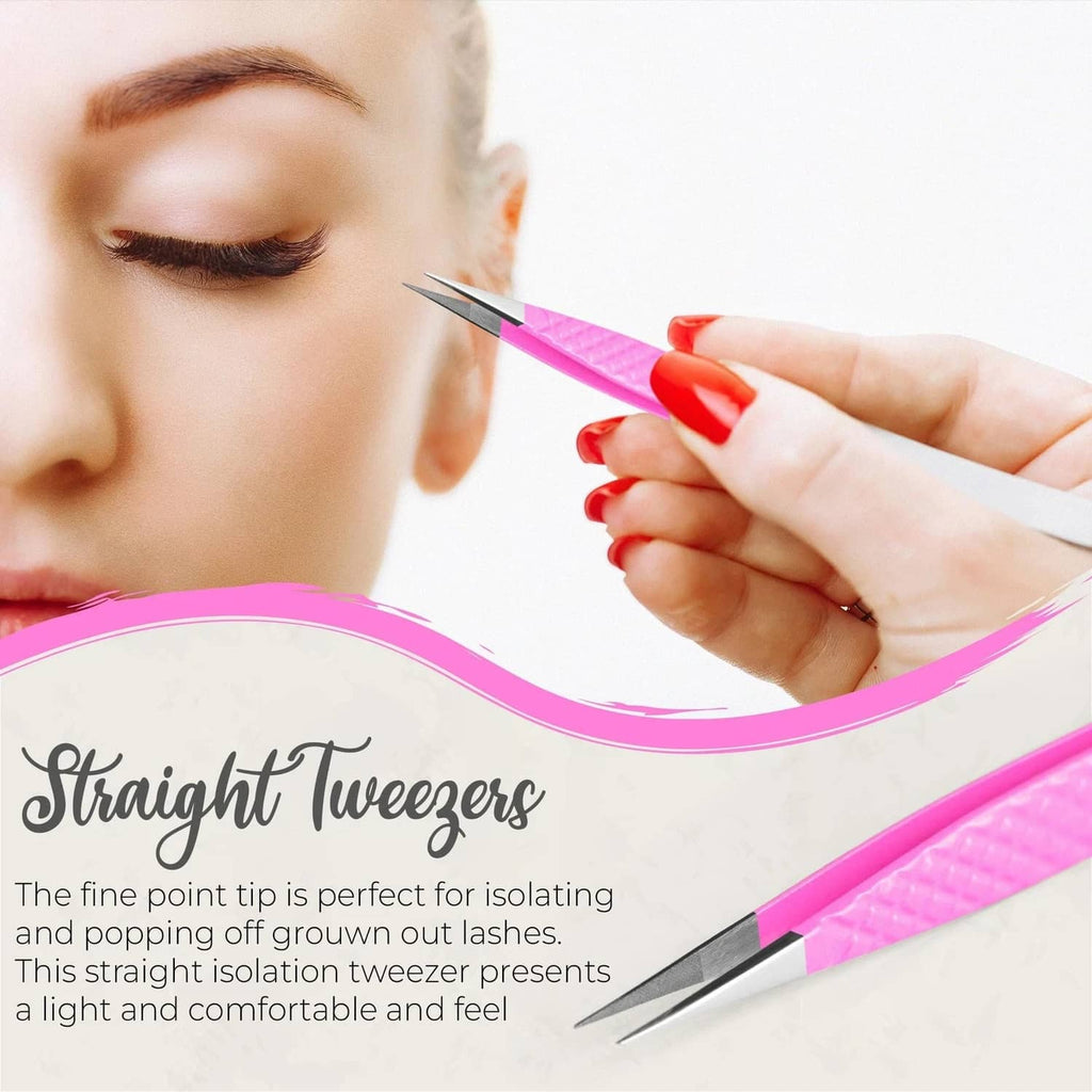 Pink straight-point eyelash tweezer close to the eyelid for isolating lashes