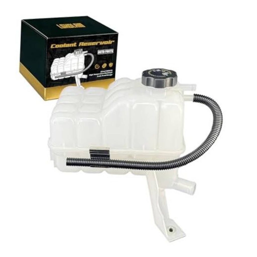 Coolant reservoir tank with sensor and black cap, white housing and connected hose